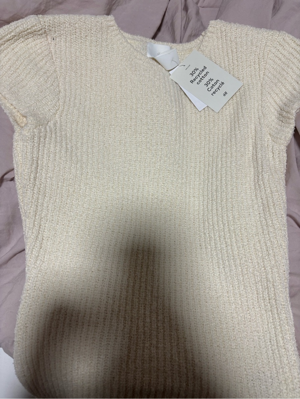 H&M Cream Short-Sleeve Ribbed Crew Neck Top